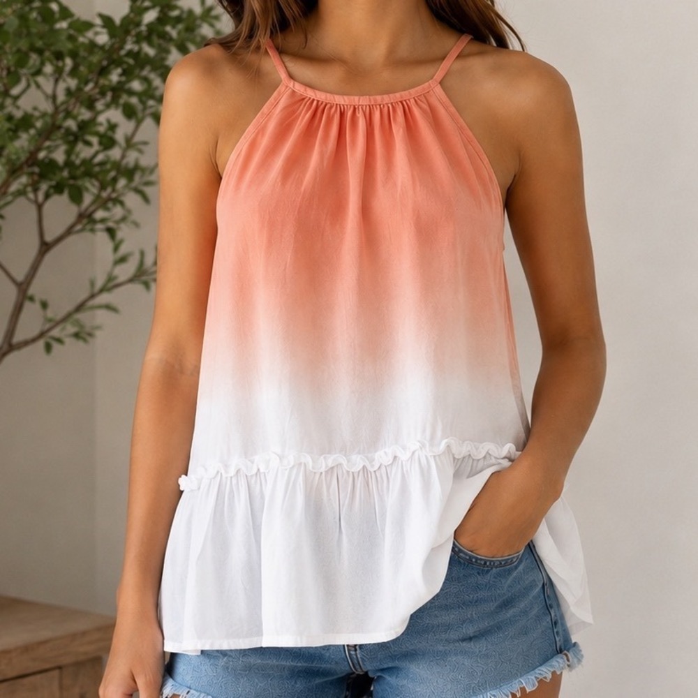 Art Class Coral White Ombre Ruffle Hem Tank Top Girls XL 14/16 Boho Sleeveless
